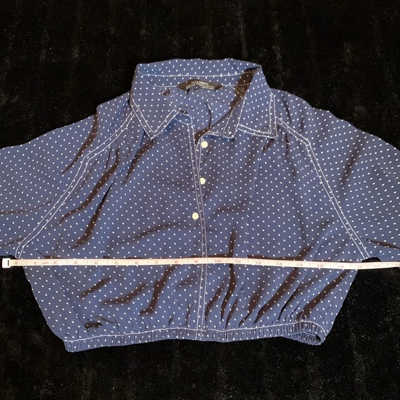 Zara Premium Denim Collection Navy Polka Dot Crop Long Sleeve Blouse Size Small - Picture 12 of 12